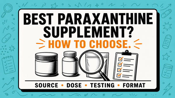 Illustrated paraxanthine supplement buying guide covering source, dose, testing, and format.