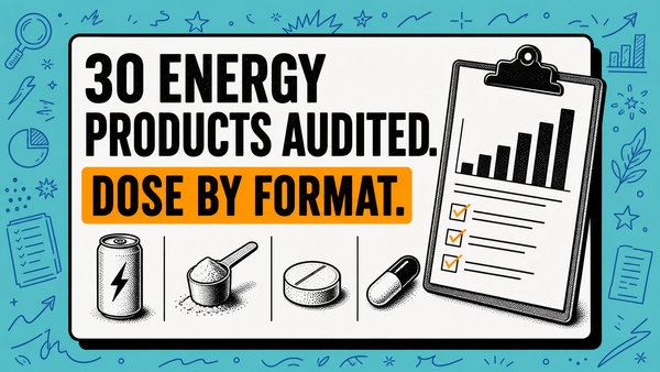 Illustrated audit of thirty energy products comparing stimulant dose by format.