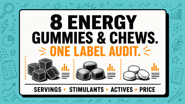 Illustrated label audit of eight energy gummies, chews, and mints comparing servings, stimulants, actives, and price.