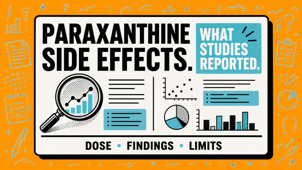 Illustrated research review of reported paraxanthine side effects, findings, dosage, and study limits.
