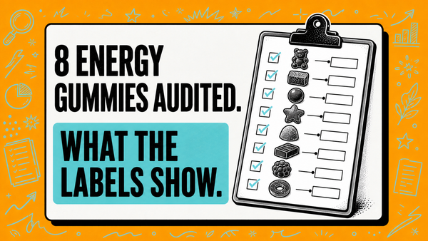 Illustrated audit of eight energy gummies and chews and their labels.